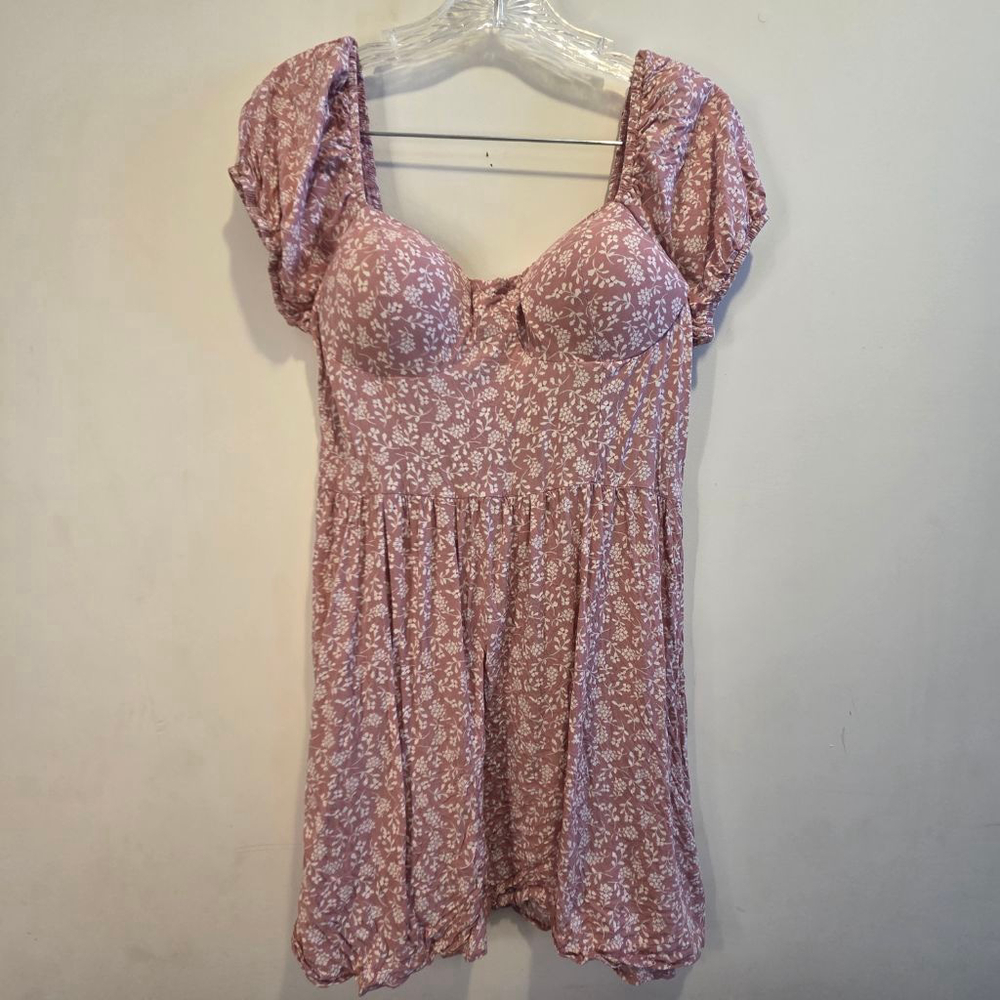 Women's AUW Pink Floral Mini Dress Large Smocked Scoop Neck Babydoll Puff Sleeve